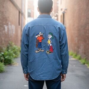 Vtg Looney Tunes Shirt Mens XL Denim Bugs Bunny Taz Embroidered 90s Button Up